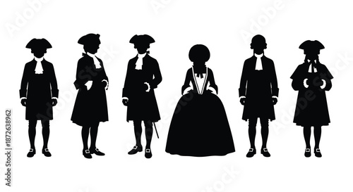 Silhouettes of six figures in eighteenth century attire including men and a woman stand together