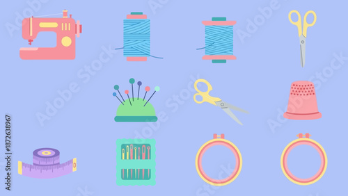 Assorted colorful sewing tools and accessories on a pastel background.