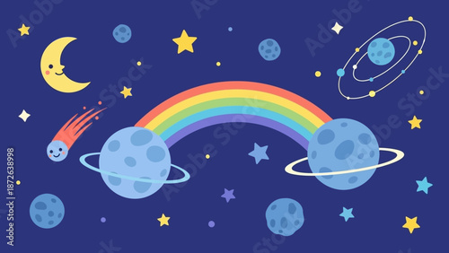 Vibrant Rainbow Arching Over Celestial Bodies in Space Scene.
