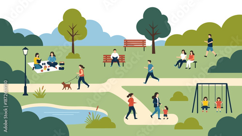 People enjoying a sunny day in a vibrant park with lush greenery.