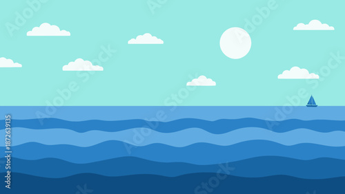 Serene ocean landscape with sailboat under bright full moon.