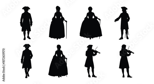 Silhouettes of people in eighteenth century attire including musicians and elegantly dressed figures