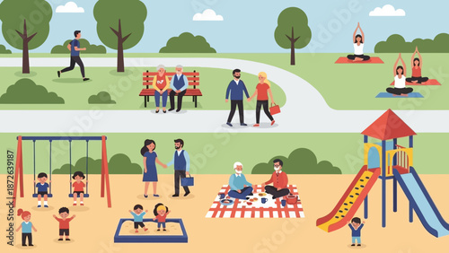 Family having picnic in the park with children playing on playground equipment.