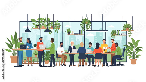 Diverse professional team working in a modern green office space with lush plants and city view, collaborative business environment flat vector illustration.