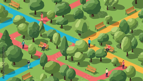 Vibrant Park Scene with People and Trees.