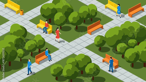 People walking in a park with trees and benches in a grid pattern.