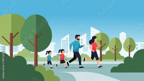 Family jogging together in a serene urban park.