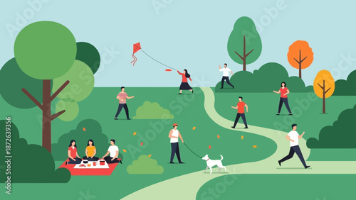 People enjoying leisure activities in a serene park landscape.