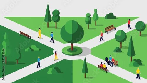 People walking and relaxing in a serene park with trees and benches.