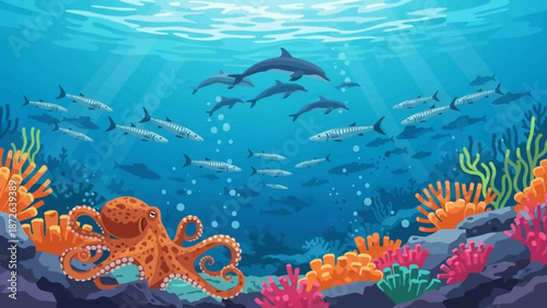 Underwater scene with dolphins and marine life.