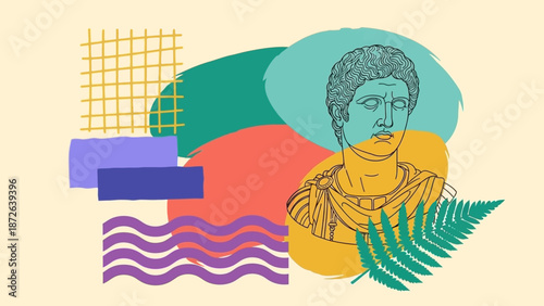 Vibrant abstract illustration of a man's portrait surrounded by geometric shapes and foliage.