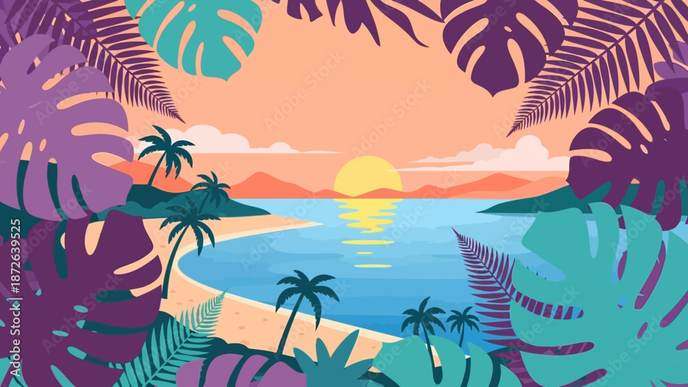 Fototapeta premium Tropical beach landscape with palm trees at sunset.
