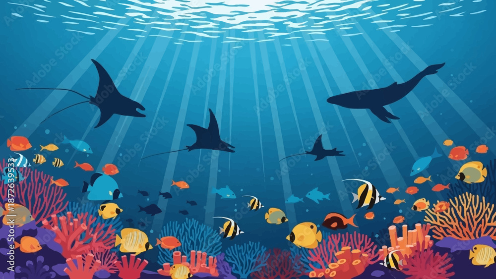 Fototapeta premium Vibrant underwater scene with coral reef and marine life.