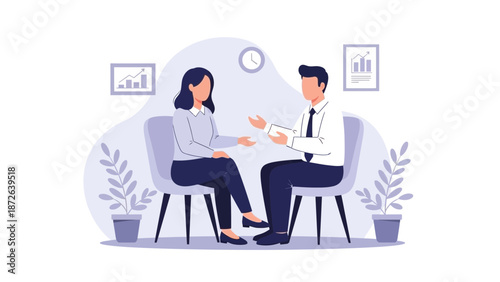 Business meeting and discussion, colleagues talking in office, vector illustration