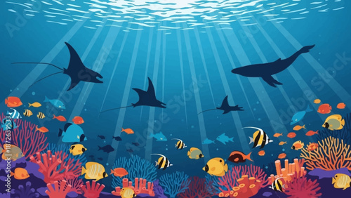 Vibrant underwater scene with coral reef and marine life.