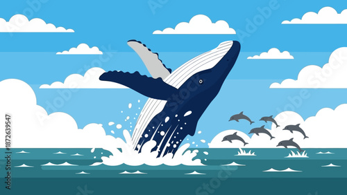 Whale jumping out of the ocean with birds flying around.
