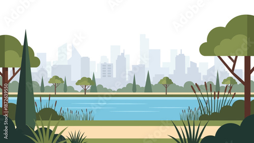 Serene park landscape with city skyline in the background.