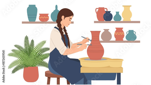 Woman crafting a clay pot on a pottery wheel in a studio.