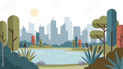 Serene cityscape with lush greenery and a tranquil lake.