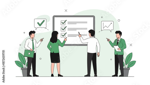 Teamwork strategy planning meeting, business people at whiteboard with checklist