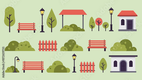 Collection of park elements including benches, fences, trees, and street lamps in a cartoon style.