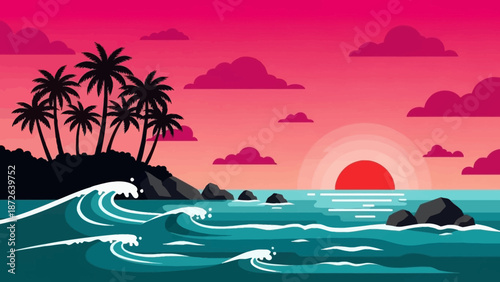 Tropical Island Sunset with Palm Trees and Ocean Waves.