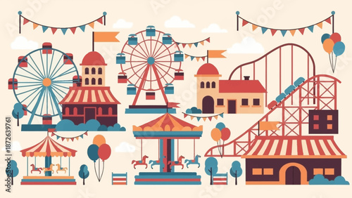 Vibrant Amusement Park with Colorful Rides and Attractions.