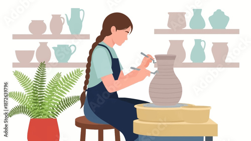 Woman creating pottery on a pottery wheel in a studio.