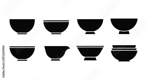 A collection of simple black silhouette icons depicting various styles of traditional bowls