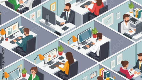 Busy Open Plan Office Environment With People Working At Desks.