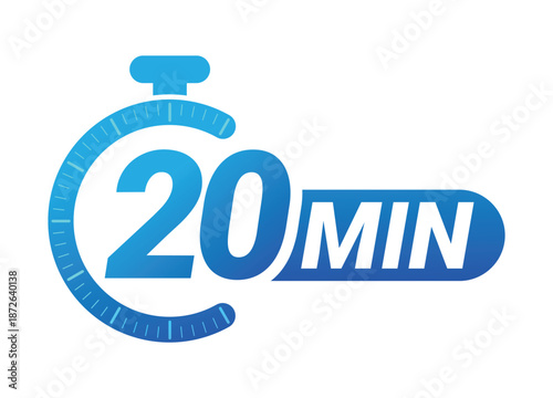 Twenty minutes countdown timer with stopwatch symbol on white background. Clean modern vector logo illustration for productivity and time management.