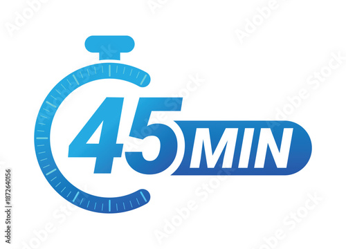 Forty-five minutes countdown timer with stopwatch symbol on white background. Clean modern vector logo illustration for productivity and time management.