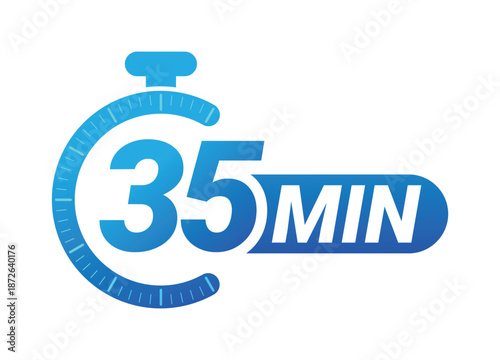 Thirty-five minutes countdown timer with stopwatch symbol on white background. Clean modern vector logo illustration for productivity and time management.