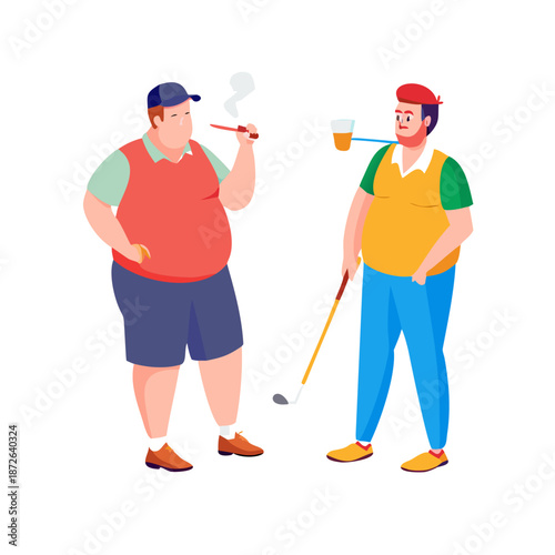 two fat guys doing golf while drink beer and smoking cigarette. vector illustration