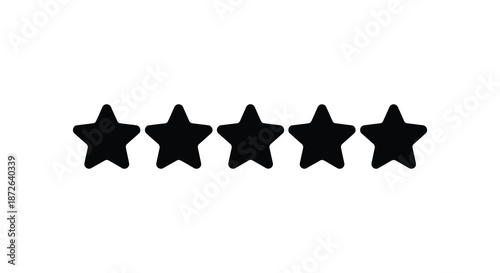 Five black stars arranged in a horizontal row on a plain white background simple graphic