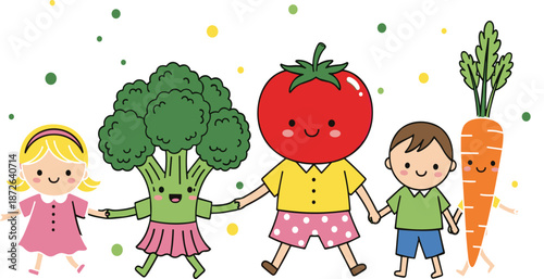 Cute kids holding hands with smiling vegetables promoting healthy food, friendship, and nutrition in playful flat vector illustra