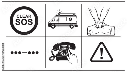 Comprehensive emergency response and public safety symbols featuring SOS alerts ambulance logistics and first aid instructions for healthcare insurance and risk management business.