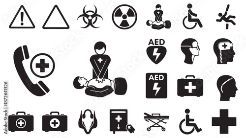 Extensive emergency response and public safety icon collection for first aid training and healthcare insurance risk management business branding identity resources.