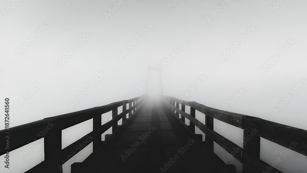 Fototapeta premium Solitary Wooden Bridge Enveloped by Heavy Fog, Leading into the Unknown