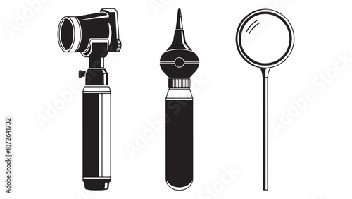 Professional medical ENT diagnostic equipment set featuring an otoscope and clinical magnifying glass for specialized ear examination business services and healthcare branding.