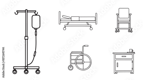 Hospital room furniture and patient care equipment set featuring IV stand medical bed and wheelchair for clinical facility management business branding resources.