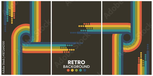 Retro Geometric Shapes in Warm Tones on Black Background Triptych