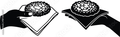 Hand holding black truffle on napkin line art, gourmet food preparation illustration