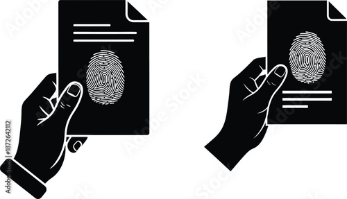 Hand holding fingerprint document icon, biometric identification, security concept