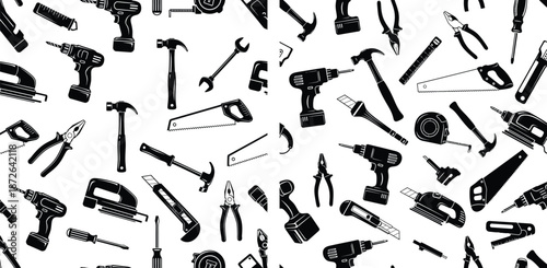 Hand tools pattern, construction instruments background, workshop elements for repair work and renovation projects