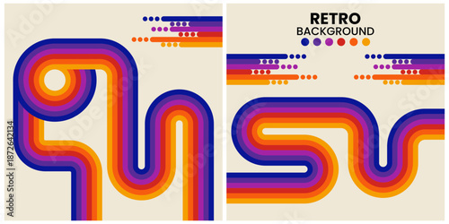 Retro Colorful Line Art Background With Bold Gradient Stripes In Two Panels