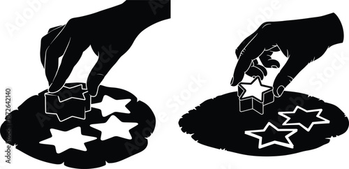 Hand Using Star Cookie Cutters on Dough Silhouette, Baking Process