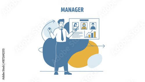 Manager presenting team performance analytics on screen, business concept