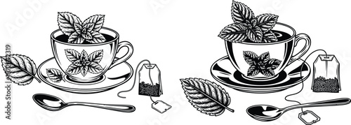 Handdrawn mint tea illustrations featuring teacup, saucer, tea bag, spoon, and leaves