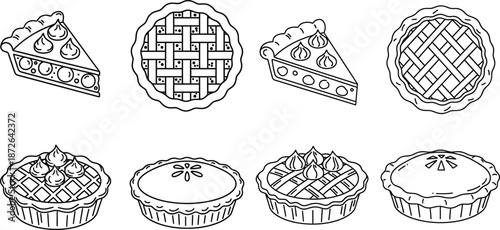 Handdrawn pies and pie slices in simple line art style, variety of fillings